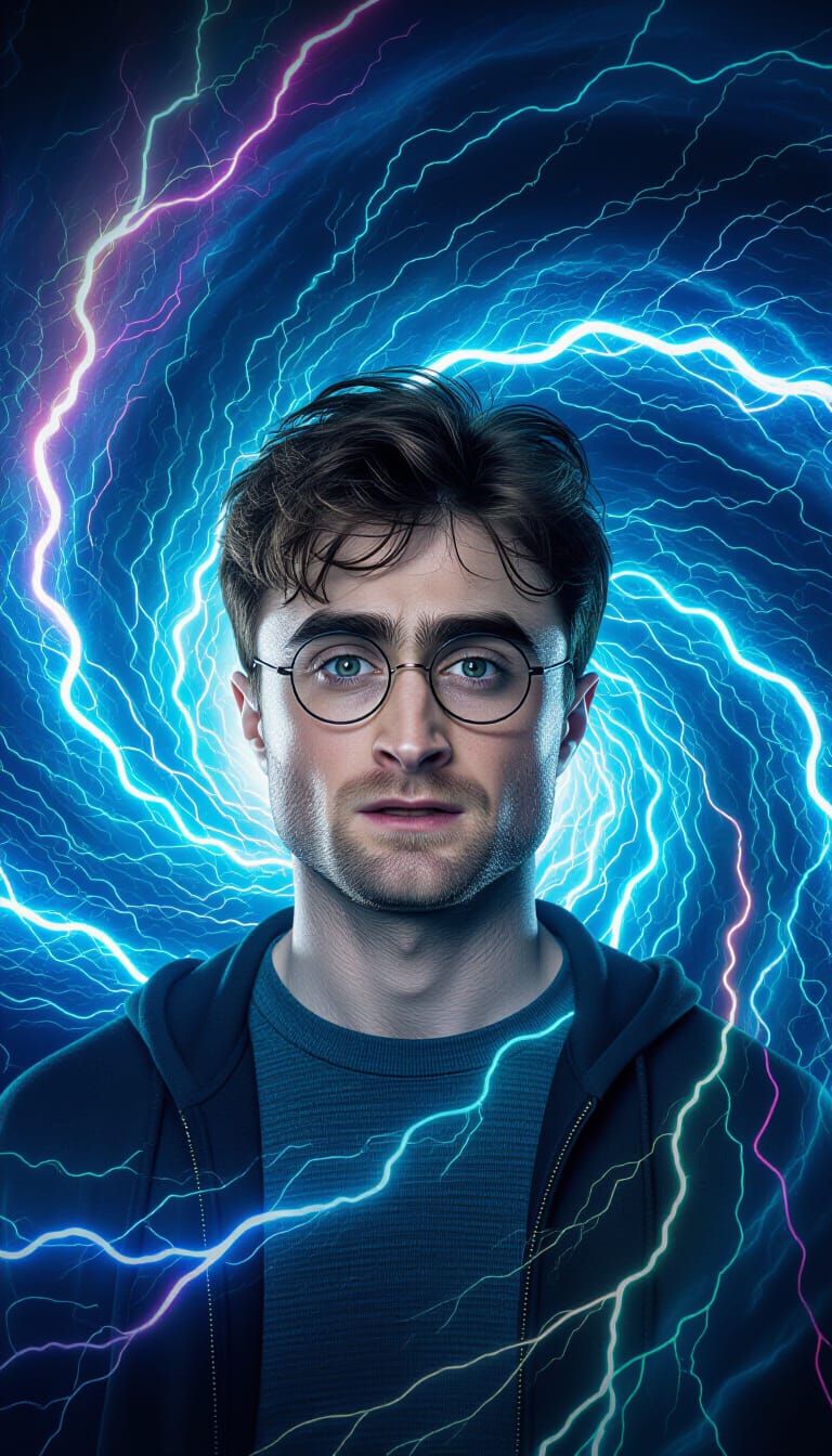 Electrified Figure in Psychedelic Vortex, Cinematic Lighting