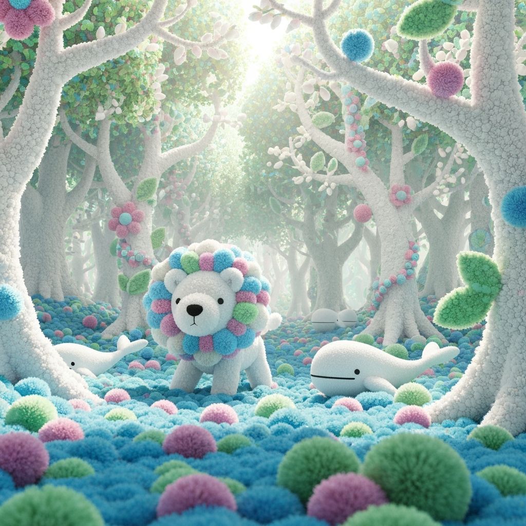Whimsical Pom Pom Lion in Playful Forest