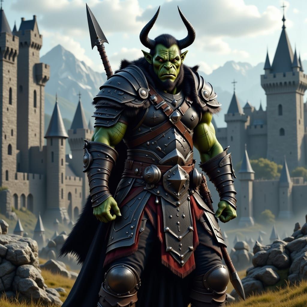 Towering Orc Warlord Stands Outside Ancient Mountain Castle