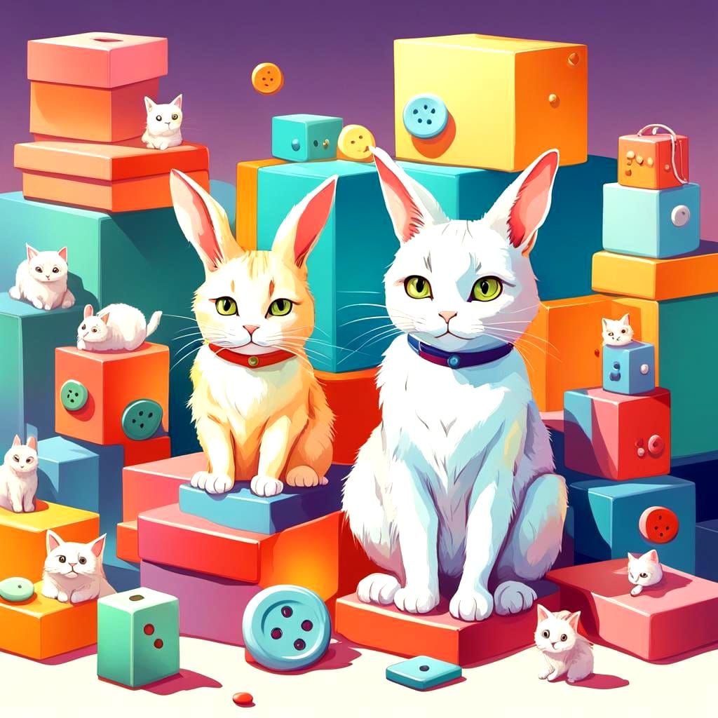White Rabbit and Cat on Boxes