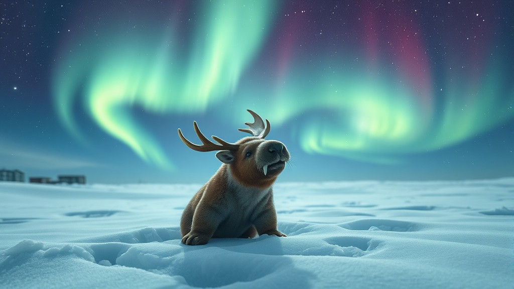 Baby Alascattalo Playing in Snow Under Aurora