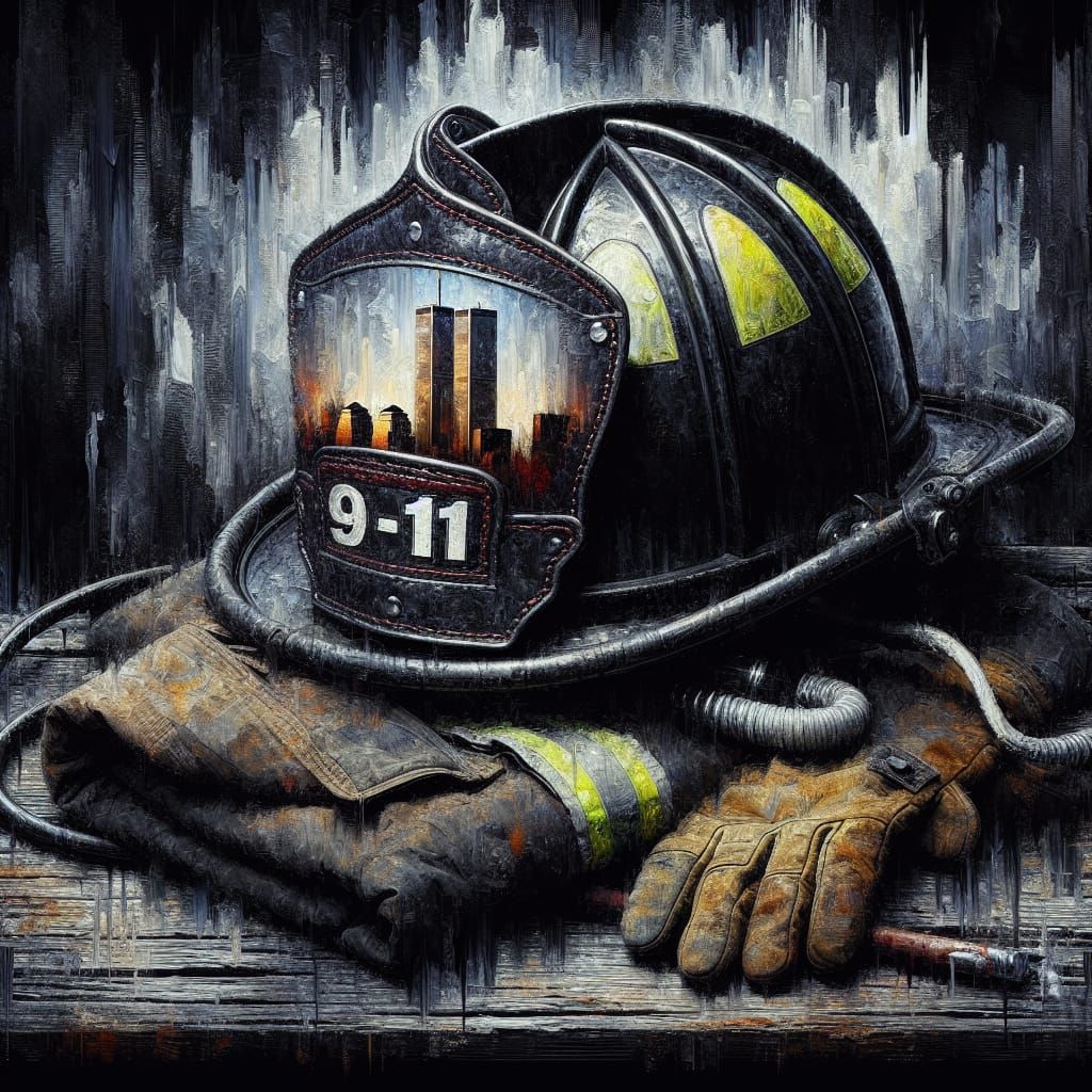 Firefighter Helmet Reflects Twin Towers in Oil Painting