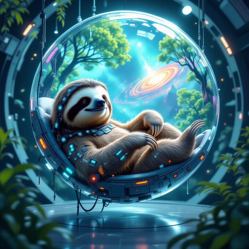Futuristic Sloth in Zero-Gravity Biodome