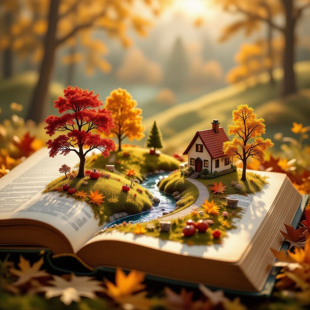 Autumn Diorama Landscape on Antique Book