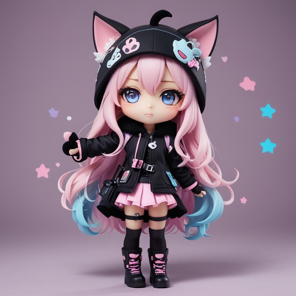 Chibi Artist with Cat-Eared Helmet and Paint Splashes