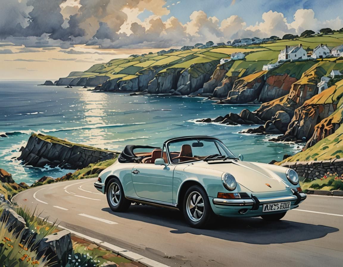 Porsche Cabriolet on Coastal Road in Gouache Style
