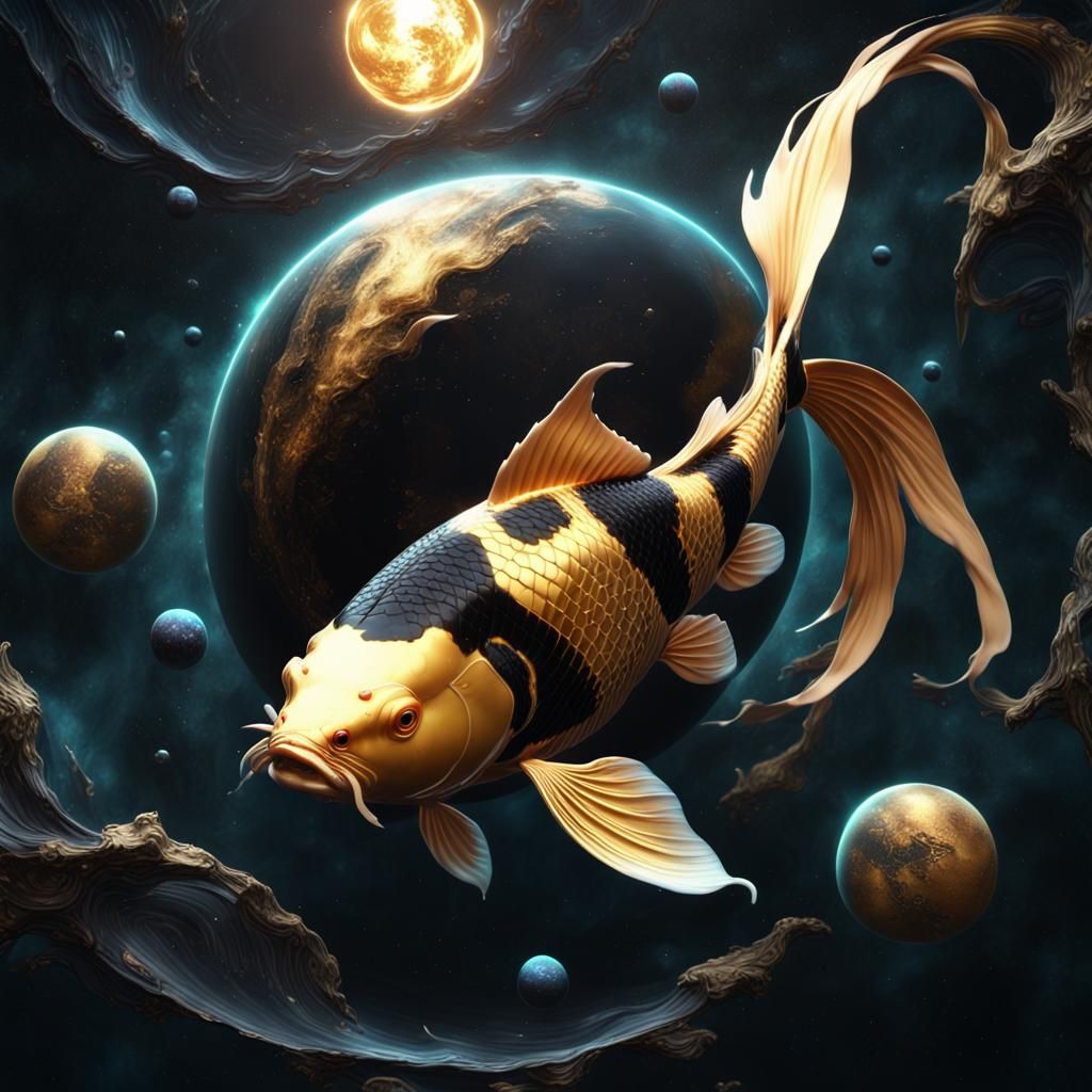 Cosmic Koi: Black and Gold Fish in Space