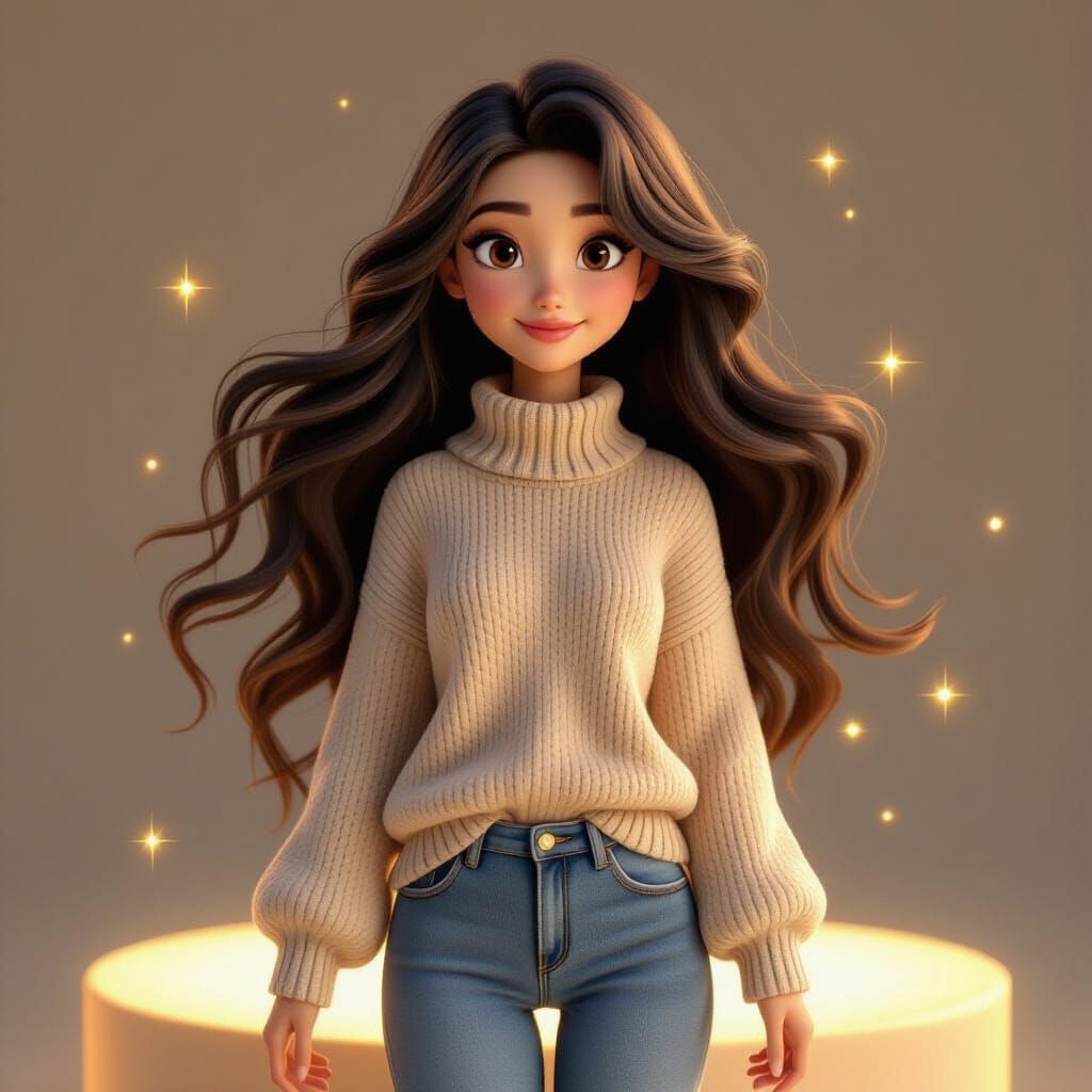 Elegant Woman in Cozy Sweater, Pixar-Style 3D Art