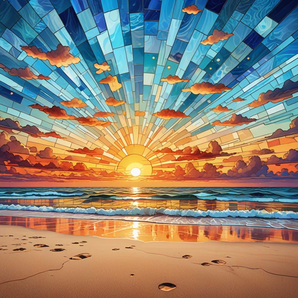 Vibrant Cosmic Dawn Over the Beach in Stained Glass Style