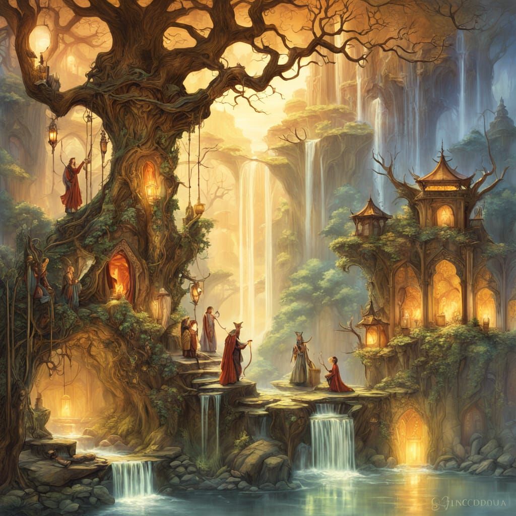 Ethereal Elven City in Ancient Oak with Waterfalls
