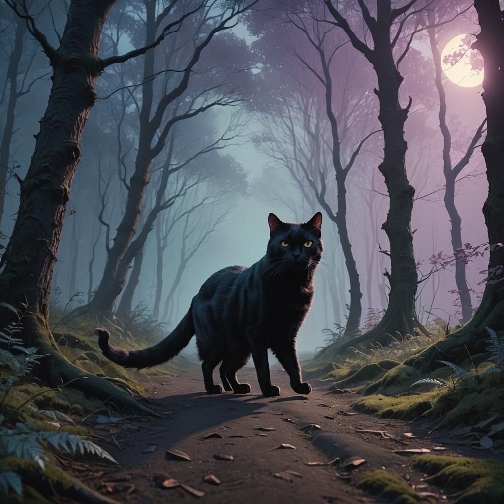 Black Cat in Misty Forest: Digital Matte Painting