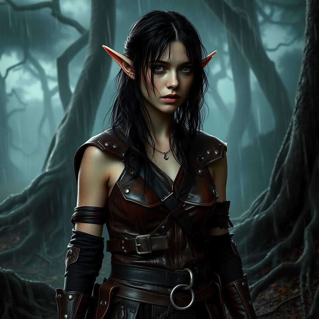 Elf Maiden in Rain-Soaked Forest, Dark Fantasy Art