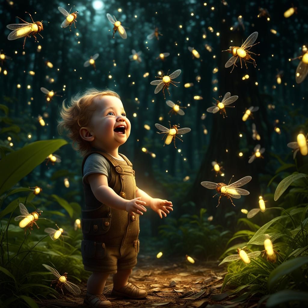 Toddler Laughing at Fireflies: Photorealistic CGI Digital Ar...