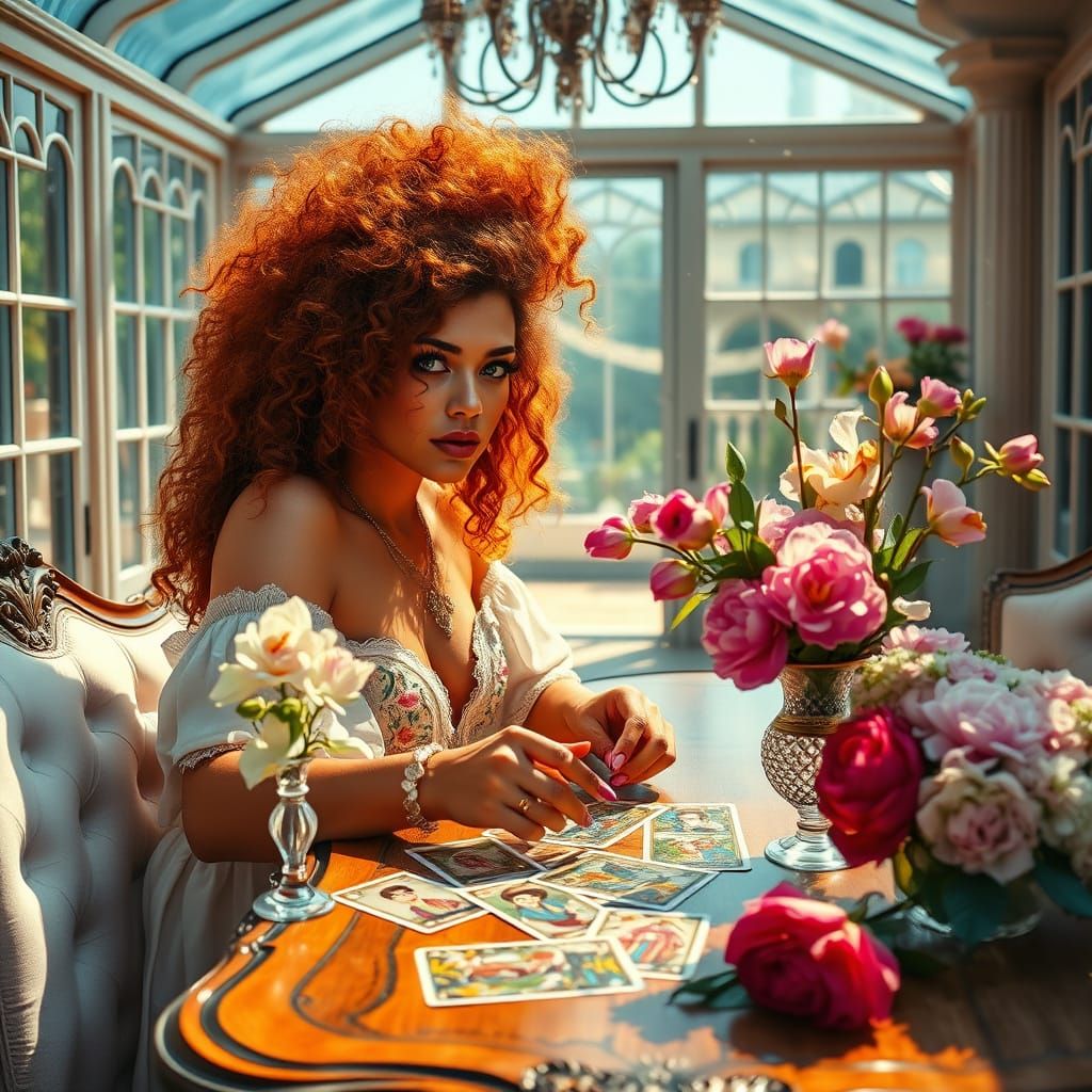 Enigmatic Gypsy Tarot Reader in Vibrant Conservatory Setting