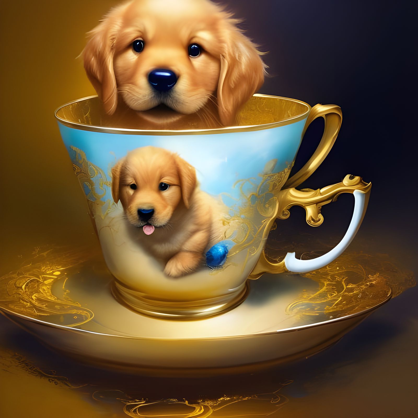 Golden Retriever Puppy in Teacup: Detailed Digital Art