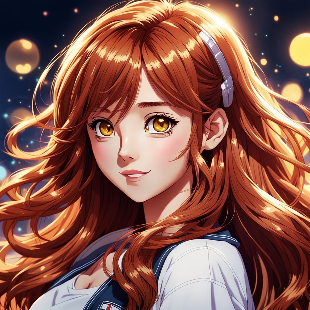 Anime Popstar with Auburn Hair in Cel-Shaded Style