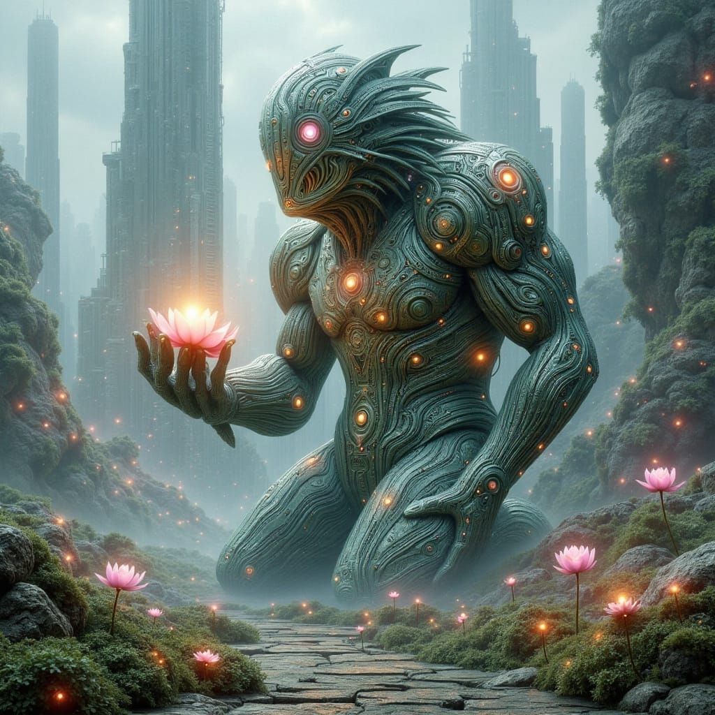 Glowing Golem in Cyberpunk City