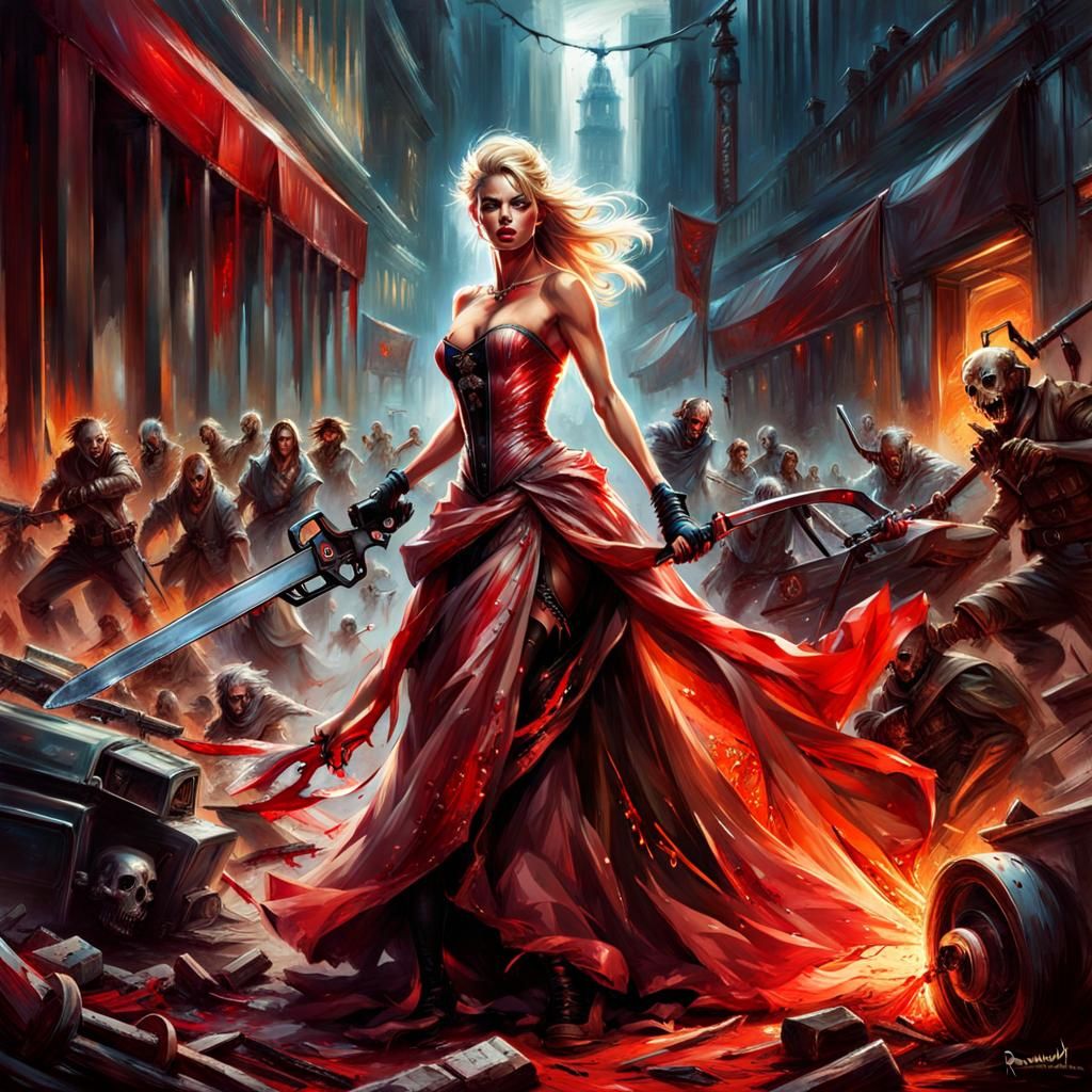 Apocalyptic Cinderella Slaying Zombies in Impasto Painting