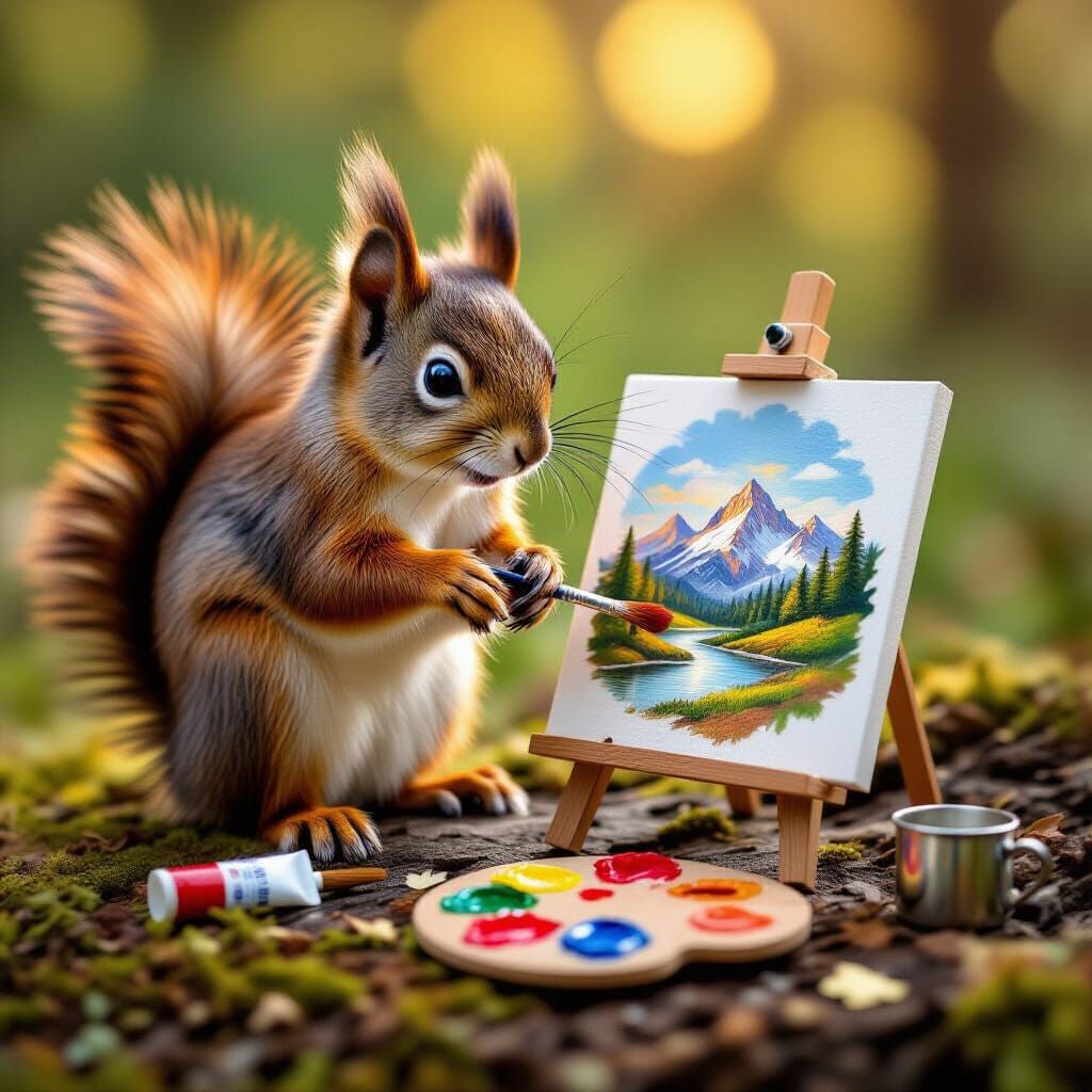 Red Squirrel Paints Miniature Landscape in Macro Photo