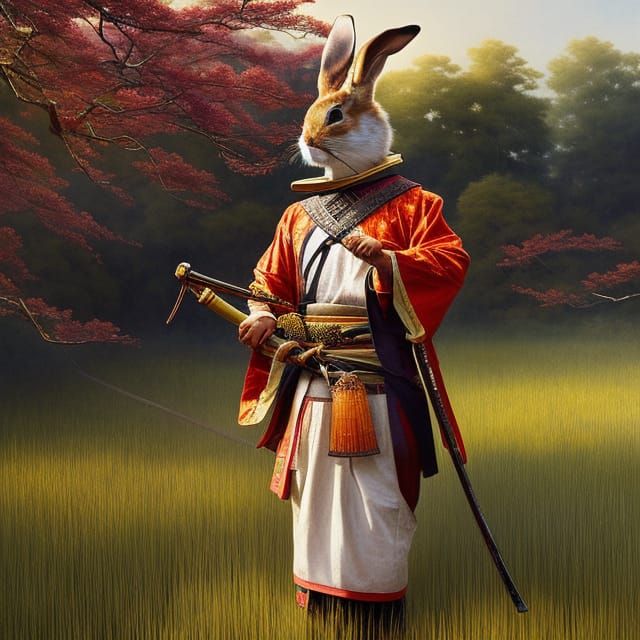 Samurai Rabbit in Rice Field, Renaissance Watercolor