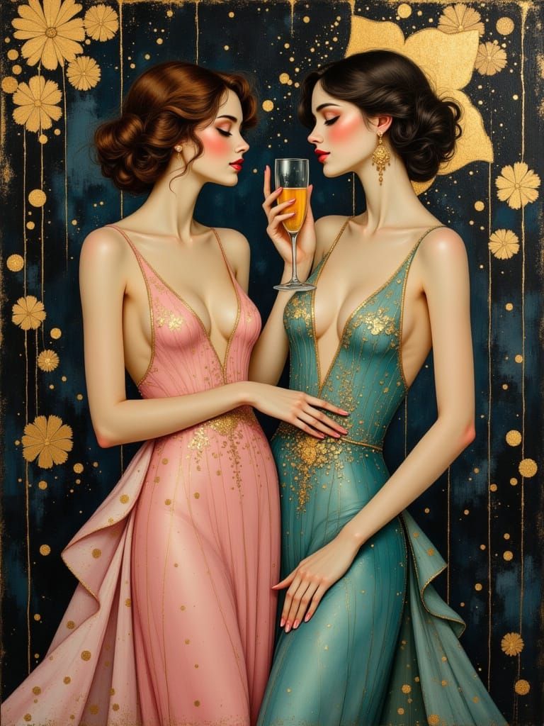 Glamorous Flapper Women in Whimsical Cityscape