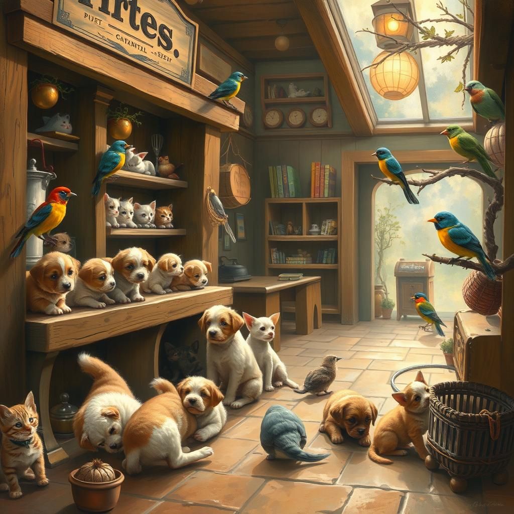 Pet Store Scene with Animals, Impressionistic Style