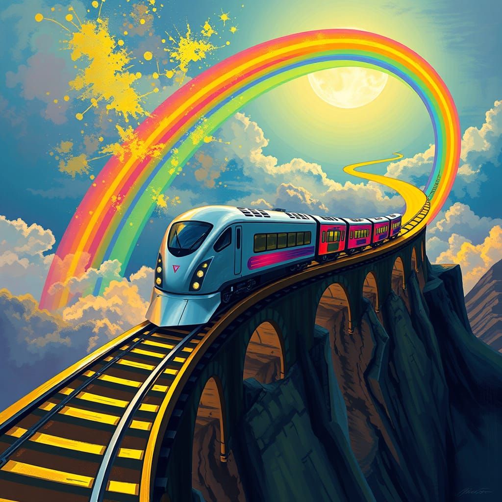 Rainbow Train Ascends in Abstract Art Style