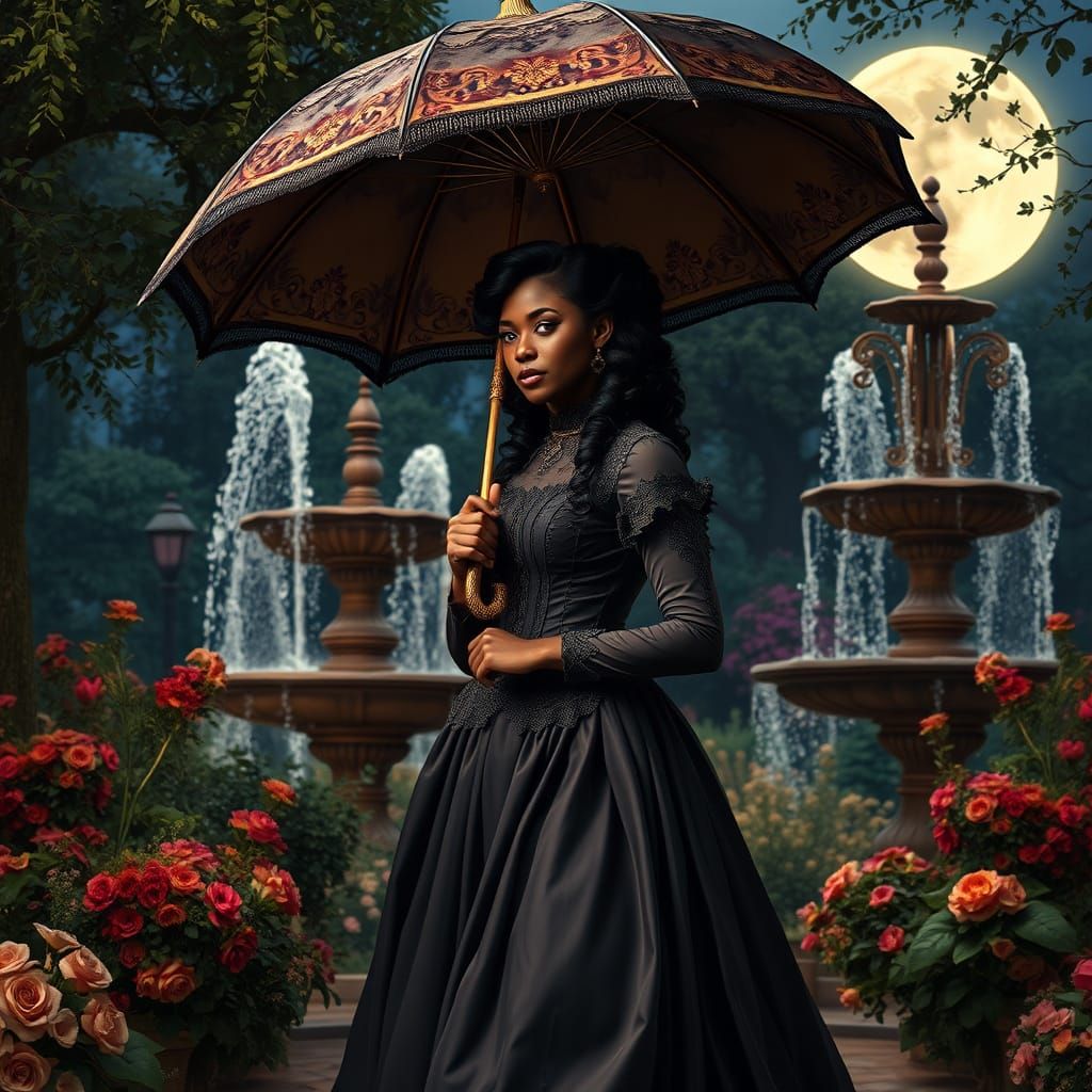 Elegant Brown Woman Under Moonlit Umbrella in Victorian Gard...