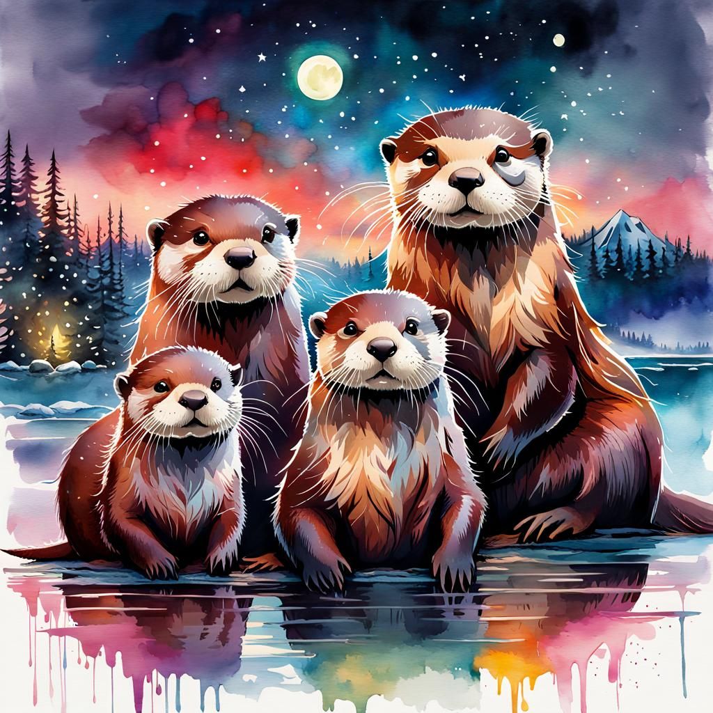 Otter Family in Santa Outfits: Digital Watercolor Illustrati...