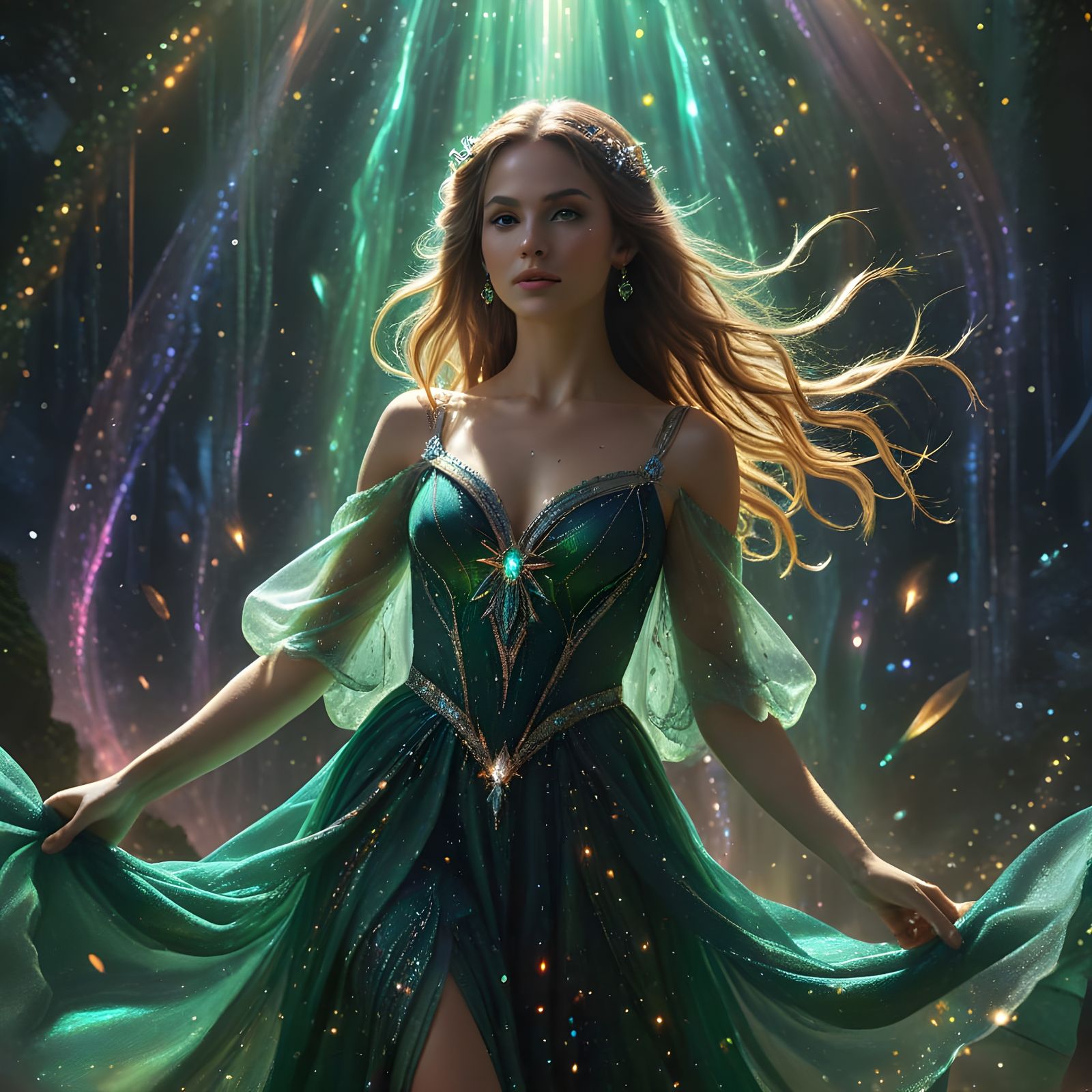 Girl in a glowing shoulder-length dress floats sideways in front of the galactic curtain