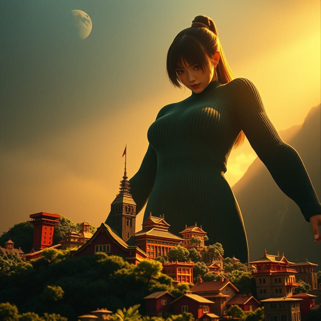 Japanese Goddess Towers Over Miniature City in Golden Light