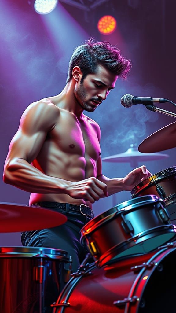 Muscular Handsome Male Drummer without a Shirt Beating his D...