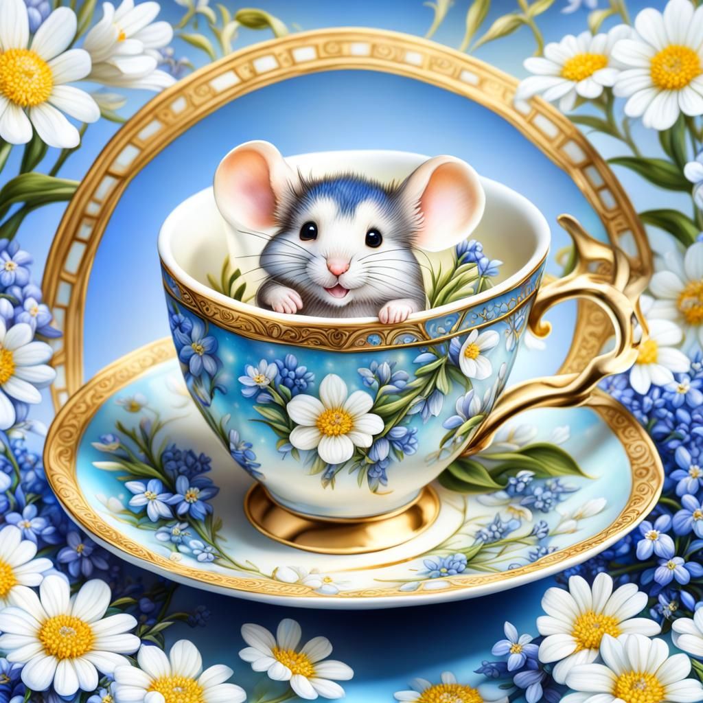 Mouse in Cup with Flowers: Airbrush Art