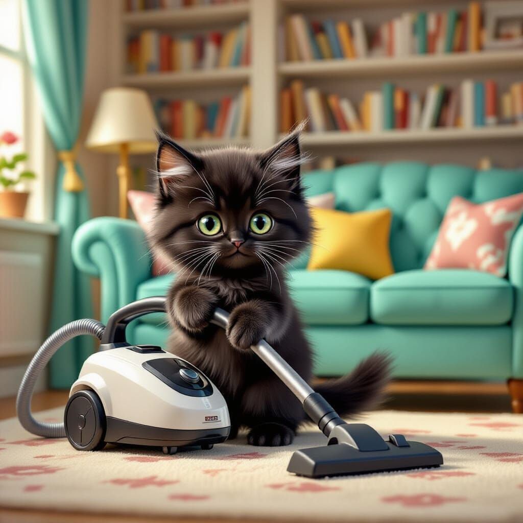Fluffy Kitten Vacuums Book-Filled Living Room in Storybook S...