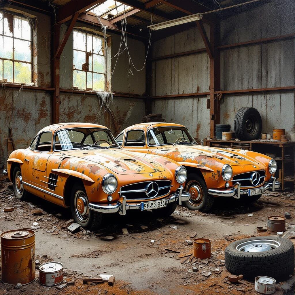 Rusting Mercedes Wrecks in Abandoned Workshop Oil Painting