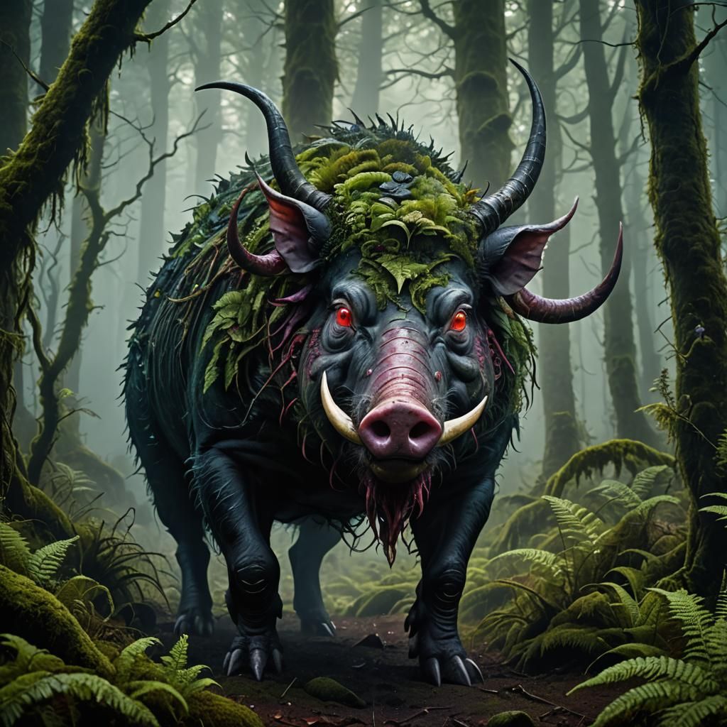 Hybrid Creature in Misty German Forest: Dark Fantasy Art