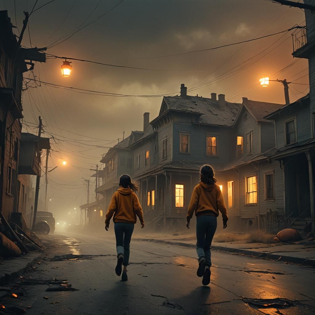 Girl Runs Towards Deserted House: Cinematic Digital Art