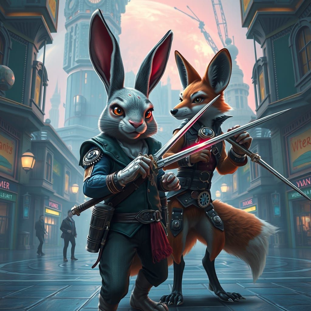 Steampunk Duel Between Bunny and Fox on Exoplanet