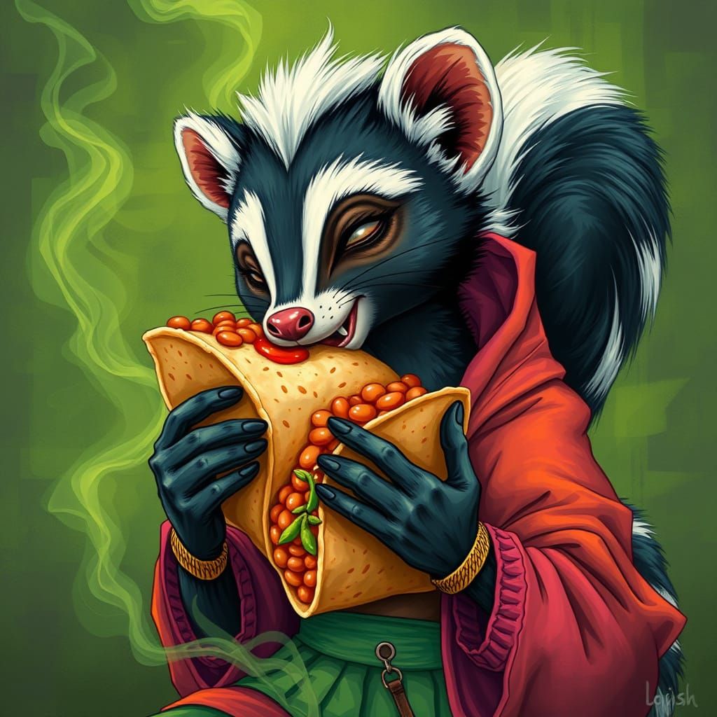 Skunk Character Enjoys Burrito in Dreamy Style
