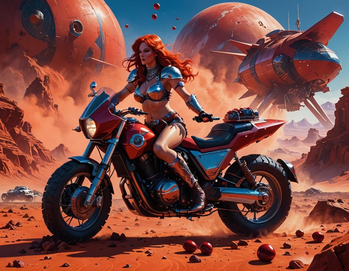 Red Sonja's Martian Cherry Feast: Hyperrealistic Sci-Fi Art