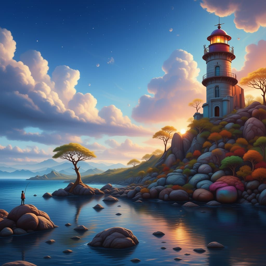 Ocean and Blue Sky with Pillow Clouds