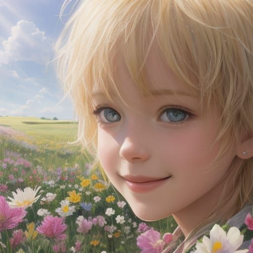 Smiling Blond Boy in Flower Field: Watercolor Art