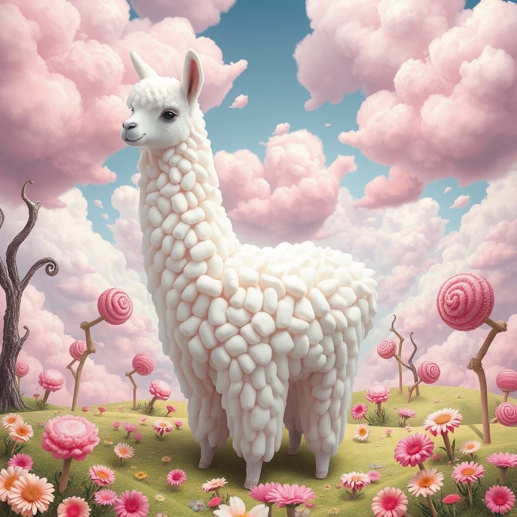 Marshmallow Llama in Whimsical Candyland, a Pop Surrealist V...