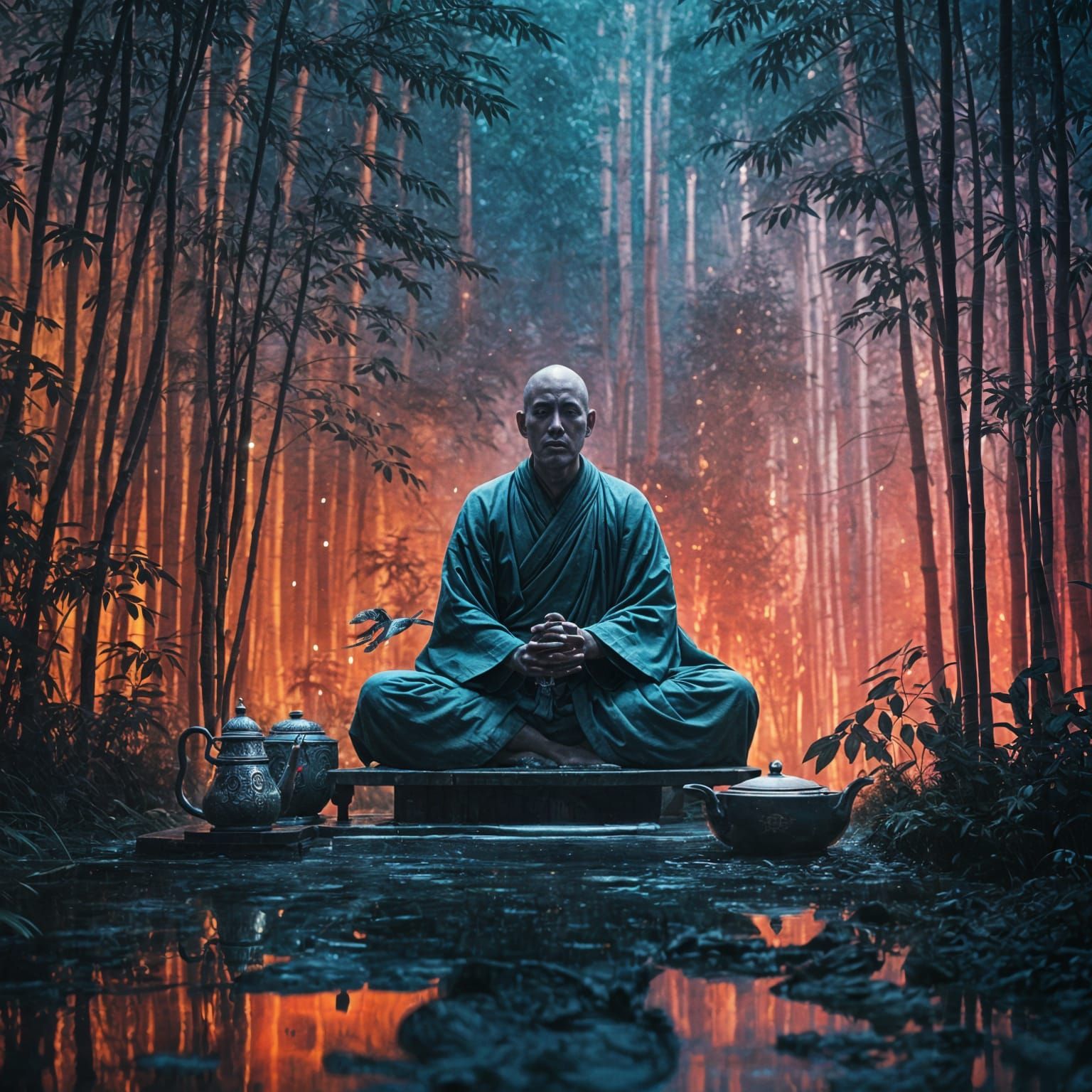 Cybernetic Monk in Neon Bamboo Forest