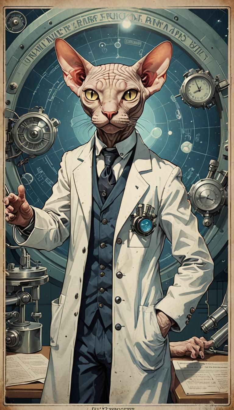 Anthropomorphic Sphynx Cat Mad Scientist Poster Art
