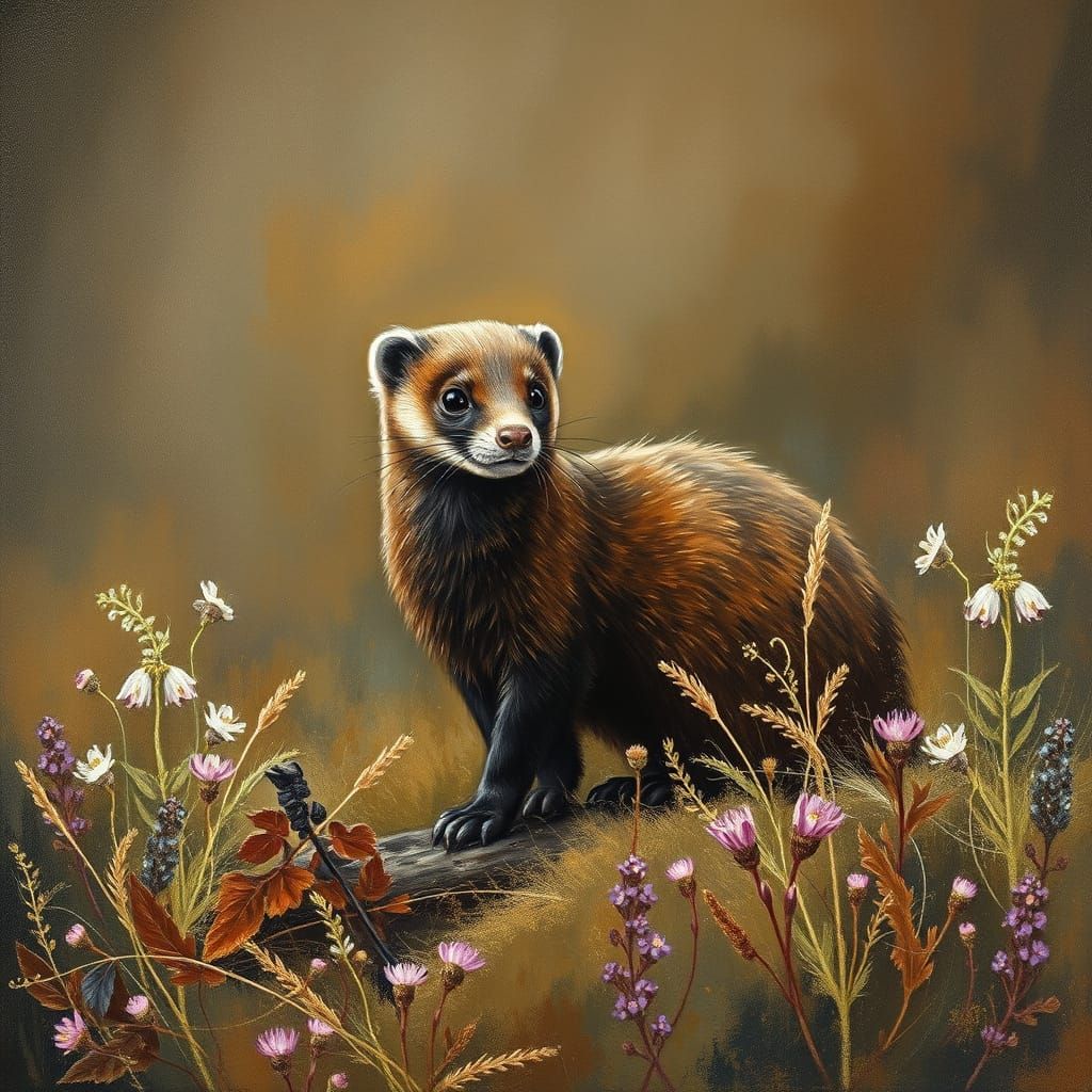 Stoat in Heather as a Charcoal Painting