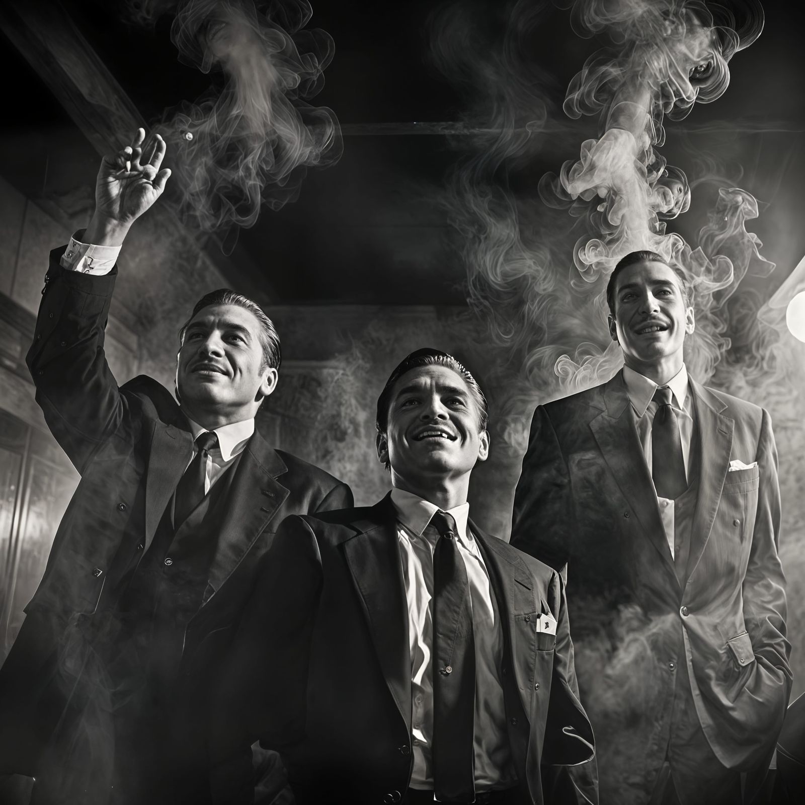 Smiling Mafia Men Raise Hands in Celebration