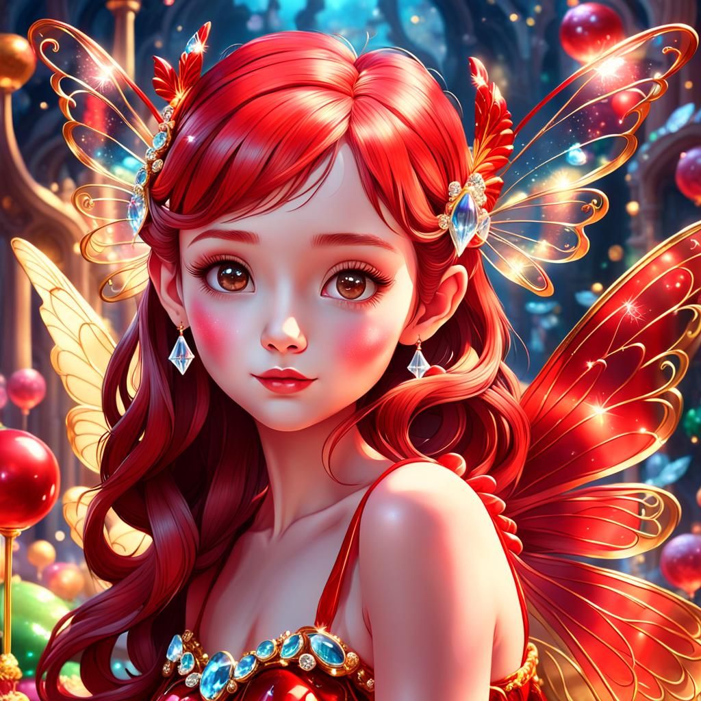 Red Fairy with Crystal Wings in Candy Art Style