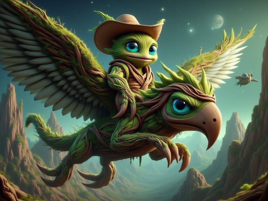 Cosmic Cowboy Alien Soars with Exotic Bird Companion