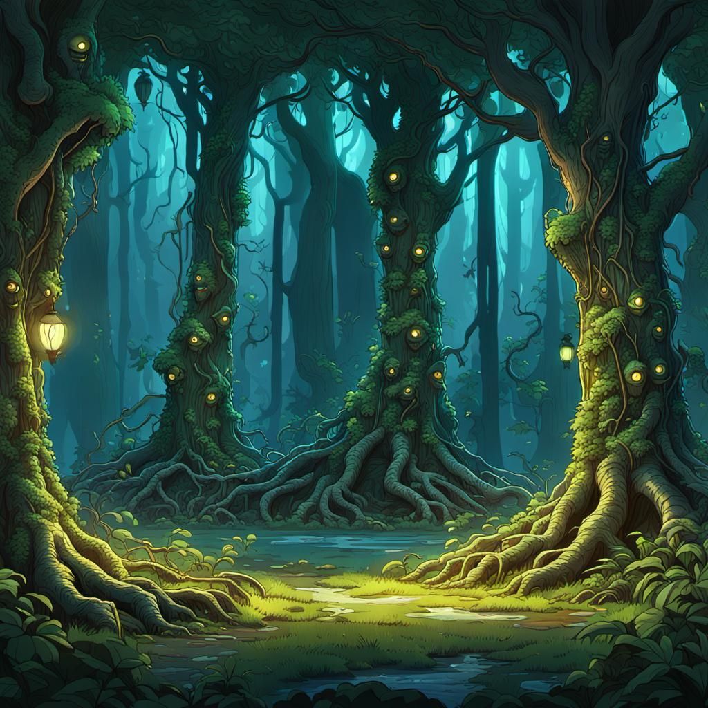 Sentient Forest Guardians on Secluded Island as 3D Art